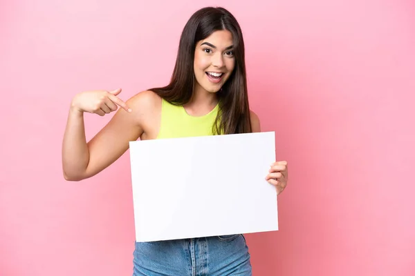 Young Brazilian Woman Isolated Pink Background Holding Empty Placard Happy — Φωτογραφία Αρχείου