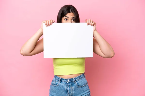 Young Brazilian Woman Isolated Pink Background Holding Empty Placard Hiding — 图库照片