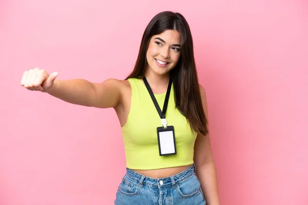 Young Brazilian Woman Card Isolated Pink Background Giving Thumbs Gesture — стоковое фото