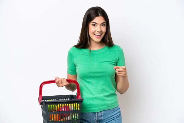 Young Brazilian Woman Holding Shopping Basket Full Food Isolated White — Foto Stock