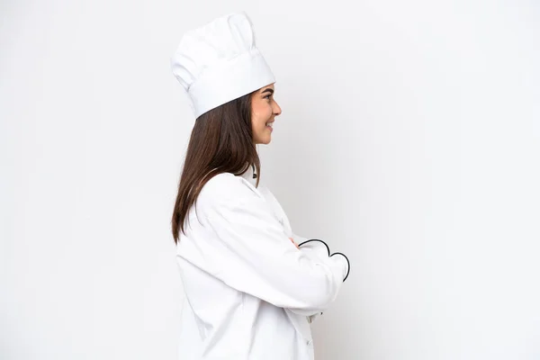 Young Brazilian Chef Woman Isolated White Background Lateral Position — Φωτογραφία Αρχείου