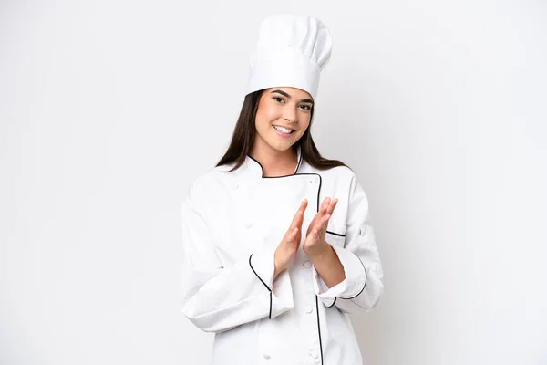 Young Brazilian Chef Woman Isolated White Background Applauding Presentation Conference — стоковое фото