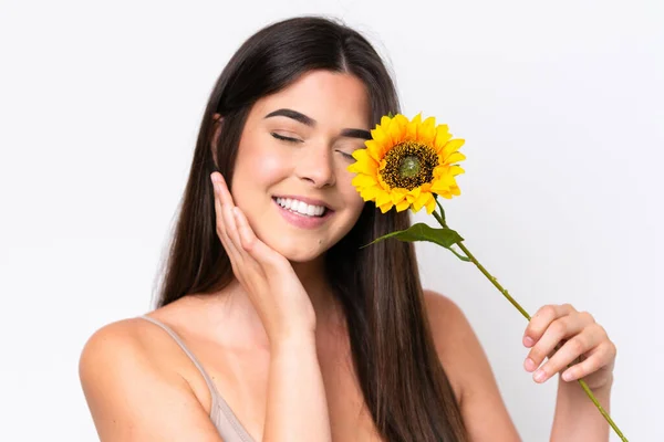 Young Brazilian Woman Isolated White Background Holding Sunflower While Smiling — Stock Photo, Image