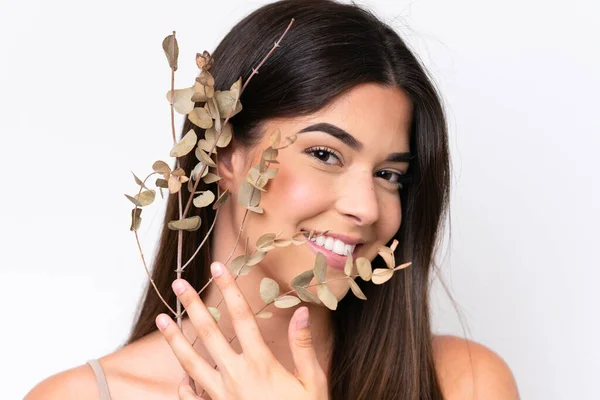 Young Brazilian Woman Isolated White Background Holding Eucalyptus Branch While — Photo