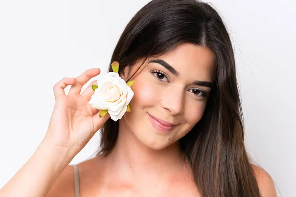 Young Brazilian Woman Isolated White Background Holding Flowers Close Portrait — 图库照片
