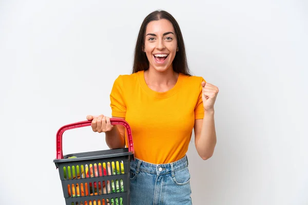 Young Caucasian Woman Holding Shopping Basket Full Food Isolated White — ストック写真