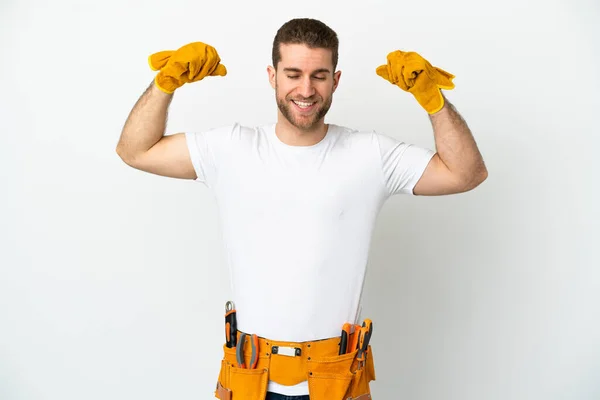 Young Electrician Man Isolated White Wall Doing Strong Gesture — ストック写真