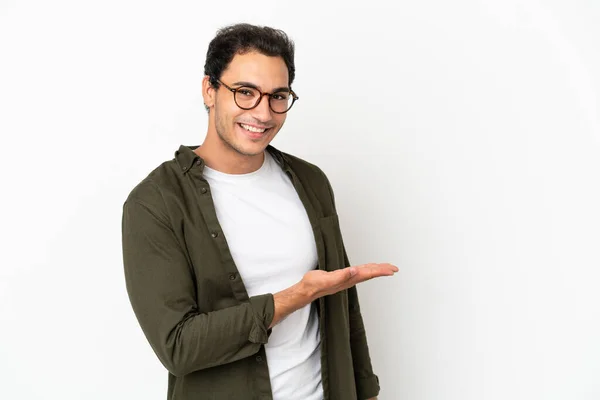 Caucasian Handsome Man Isolated White Background Presenting Idea While Looking — Stockfoto