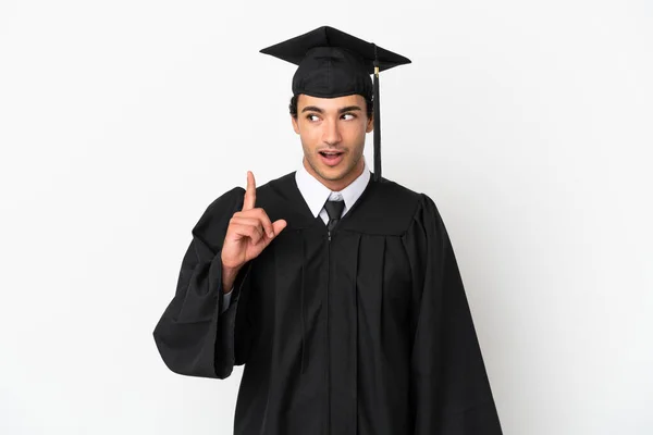 Jovem Universidade Graduado Sobre Isolado Branco Fundo Pensando Uma Ideia — Fotografia de Stock