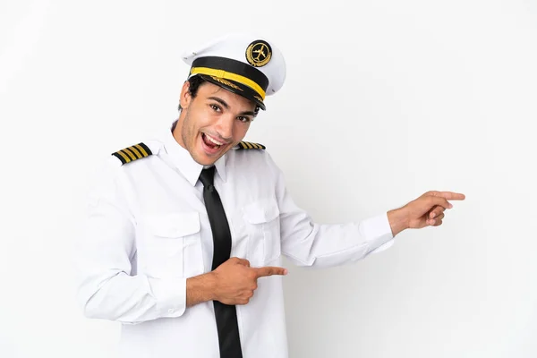 Airplane Pilot Isolated White Background Surprised Pointing Side — Φωτογραφία Αρχείου