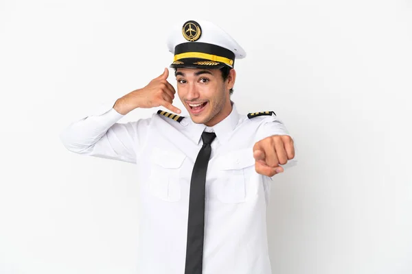 Airplane Pilot Isolated White Background Making Phone Gesture Pointing Front — Zdjęcie stockowe