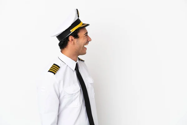 Airplane Pilot Isolated White Background Laughing Lateral Position — Zdjęcie stockowe