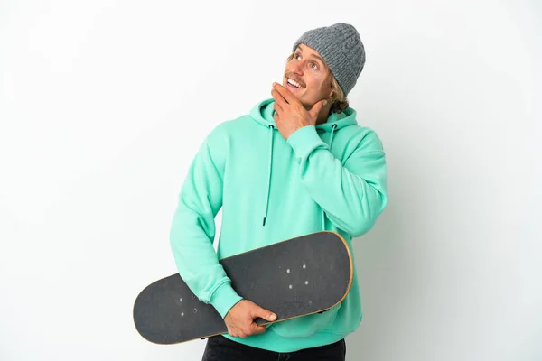 Young Skater Blonde Man Isolated White Background Looking While Smiling — Foto de Stock
