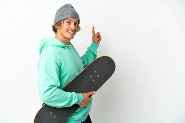 Young Skater Blonde Man Isolated White Background Pointing Back — Foto de Stock