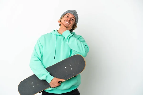 Young Skater Blonde Man Isolated White Background Happy Smiling — Stock Photo, Image