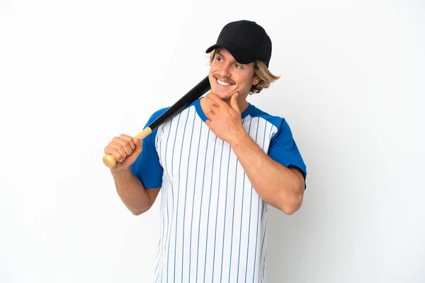 Young Blonde Man Playing Baseball Isolated White Background Looking Side — Φωτογραφία Αρχείου