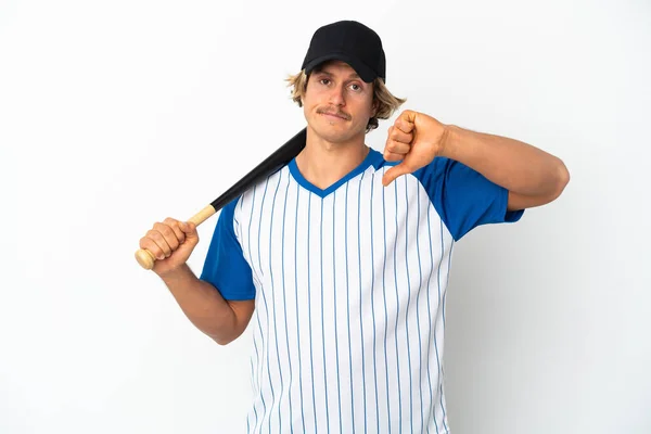 Mladý Blondýnka Muž Hraje Baseball Izolované Bílém Pozadí Ukazující Palec — Stock fotografie
