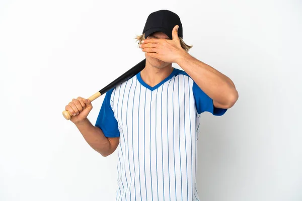 Young Blonde Man Playing Baseball Isolated White Background Covering Eyes — Φωτογραφία Αρχείου