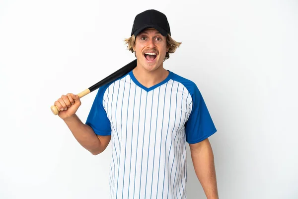 Young Blonde Man Playing Baseball Isolated White Background Surprise Facial — ストック写真