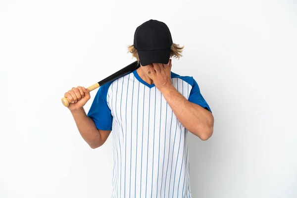 Young Blonde Man Playing Baseball Isolated White Background Tired Sick — Stock fotografie