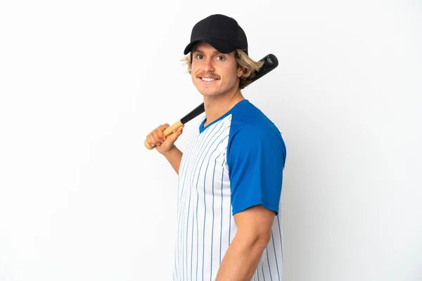 Mladý Blondýnka Muž Izolovaný Bílém Pozadí Hrát Baseball — Stock fotografie