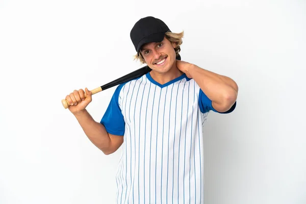 Ung Blond Man Spelar Baseball Isolerad Vit Bakgrund Skrattar — Stockfoto