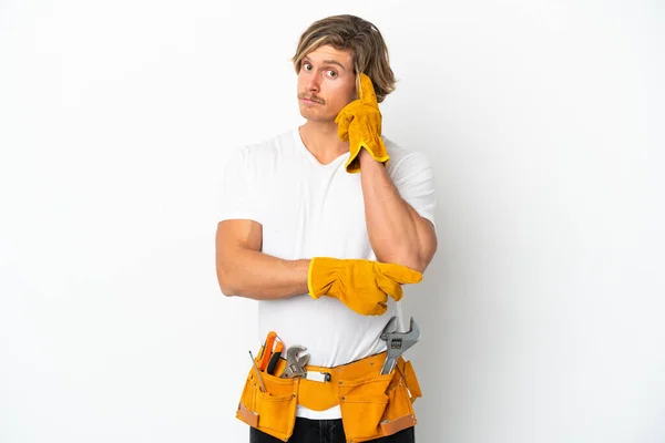 Young Electrician Blonde Man Isolated White Background Thinking Idea — Stockfoto