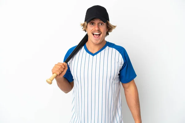 Young Blonde Man Isolated White Background Playing Baseball Surprise Shocked — Φωτογραφία Αρχείου