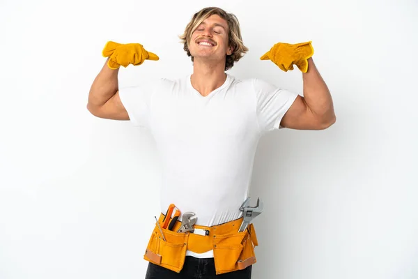 Young Electrician Blonde Man Isolated White Background Doing Strong Gesture — Stockfoto