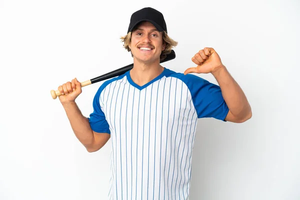 Young Blonde Man Isolated White Background Playing Baseball Proud — Fotografia de Stock