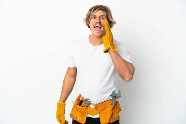 Young Electrician Blonde Man Isolated White Background Shouting Mouth Wide — 스톡 사진
