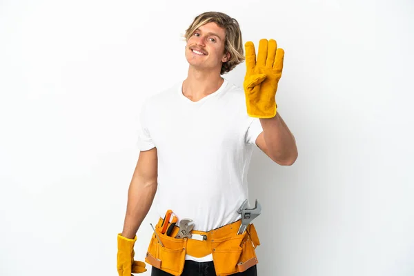 Young Electrician Blonde Man Isolated White Background Happy Counting Four — Stockfoto