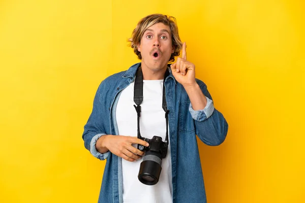 Young Photographer Man Isolated Yellow Background Intending Realizes Solution While — 图库照片