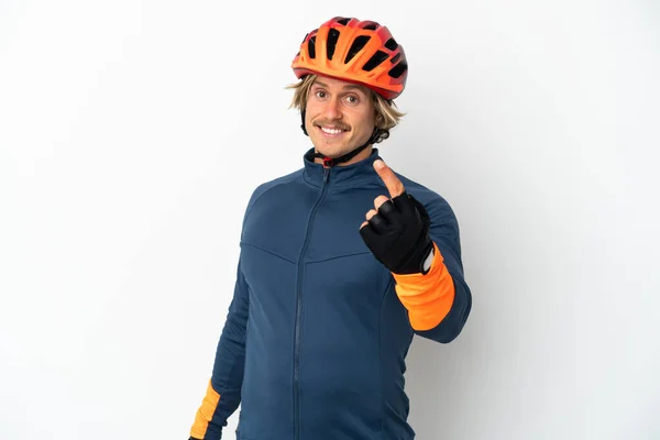 Young Blonde Cyclist Man Isolated White Background Doing Coming Gesture —  Fotos de Stock