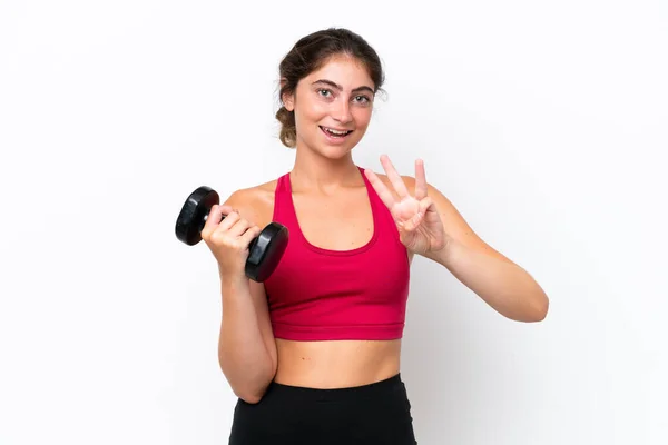 Giovane Donna Caucasica Sport Rendendo Sollevamento Pesi Isolato Sfondo Bianco — Foto Stock