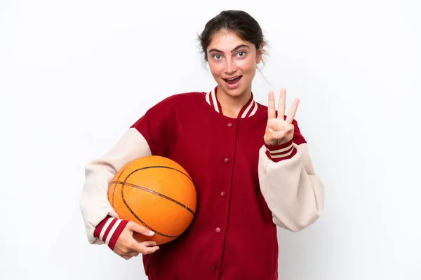 Young Basketball Player Woman Isolated White Background Happy Counting Three —  Fotos de Stock
