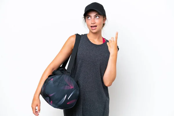 Mujer Deportiva Joven Con Bolsa Deporte Aislada Sobre Fondo Blanco —  Fotos de Stock