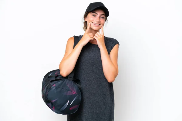 Young Sport Woman Sport Bag Isolated White Background Smiling Happy — Stok fotoğraf