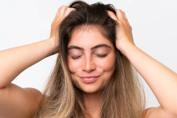 Young Pretty Caucasian Woman Isolated White Background Happy Expression Close — Fotografia de Stock