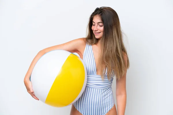 Young Woman Swimsuit Holding Beach Ball Isolated White Background Happy — Zdjęcie stockowe