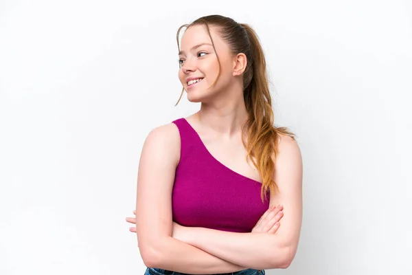 Menina Caucasiana Jovem Isolado Fundo Branco Feliz Sorrindo — Fotografia de Stock