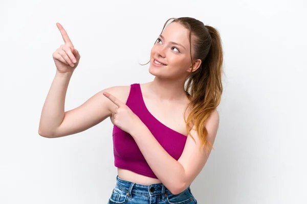 Young Caucasian Girl Isolated White Background Pointing Index Finger Great — 스톡 사진