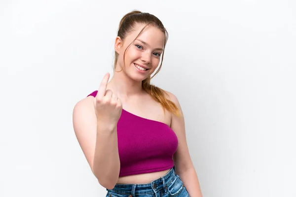 Menina Caucasiana Jovem Isolado Fundo Branco Fazendo Gesto Vindo — Fotografia de Stock