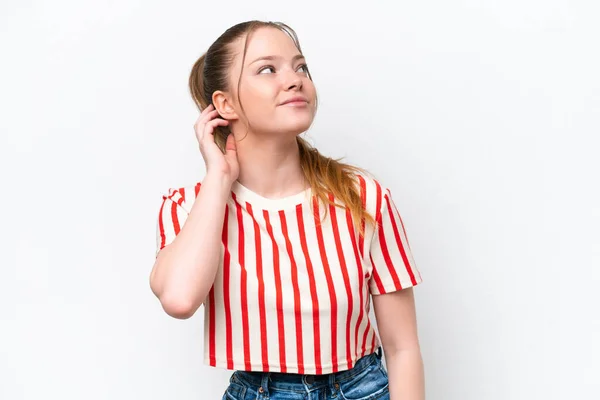 Young Caucasian Girl Isolated White Background Thinking Idea — Stock Photo, Image