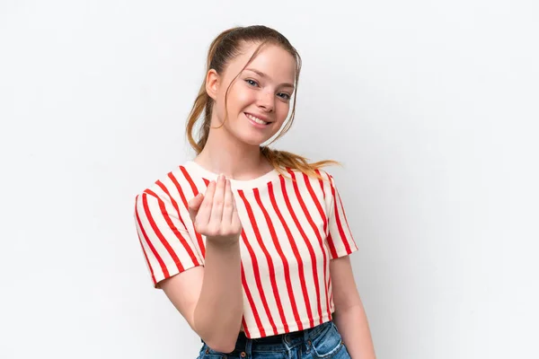 Young Caucasian Girl Isolated White Background Inviting Come Hand Happy — Foto Stock