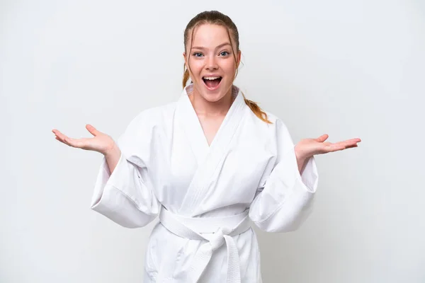 Young Caucasian Girl Doing Karate Isolated White Background Shocked Facial — Stock Photo, Image