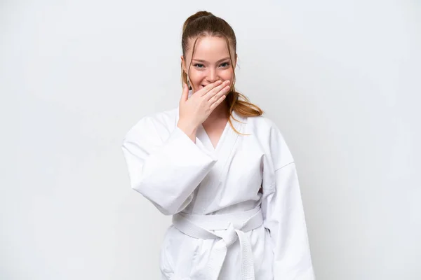 Young Caucasian Girl Doing Karate Isolated White Background Happy Smiling — 图库照片