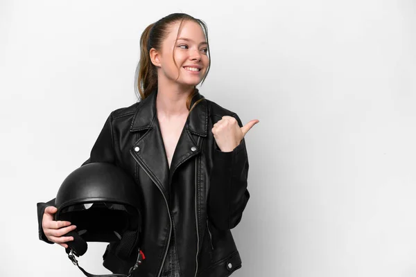 Young Caucasian Girl Motorcycle Helmet Isolated White Background Pointing Side — Stockfoto