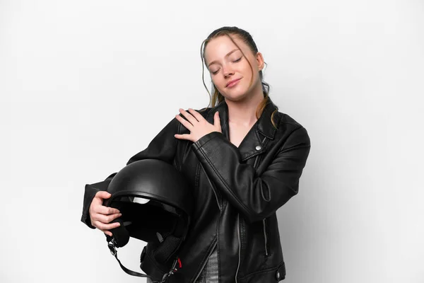 Young Caucasian Girl Motorcycle Helmet Isolated White Background Suffering Pain — Photo