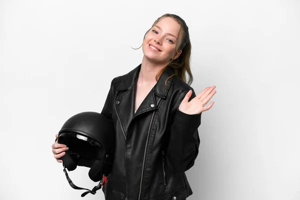 Young Caucasian Girl Motorcycle Helmet Isolated White Background Saluting Hand — Stockfoto